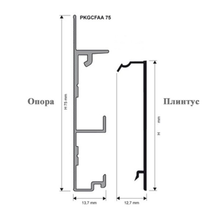 PKGCFAA 75 Основа для плинтуса PROSKIRTING CHANNEL H= 75 мм, алюм анод, цвет серебро, длина 2000 мм